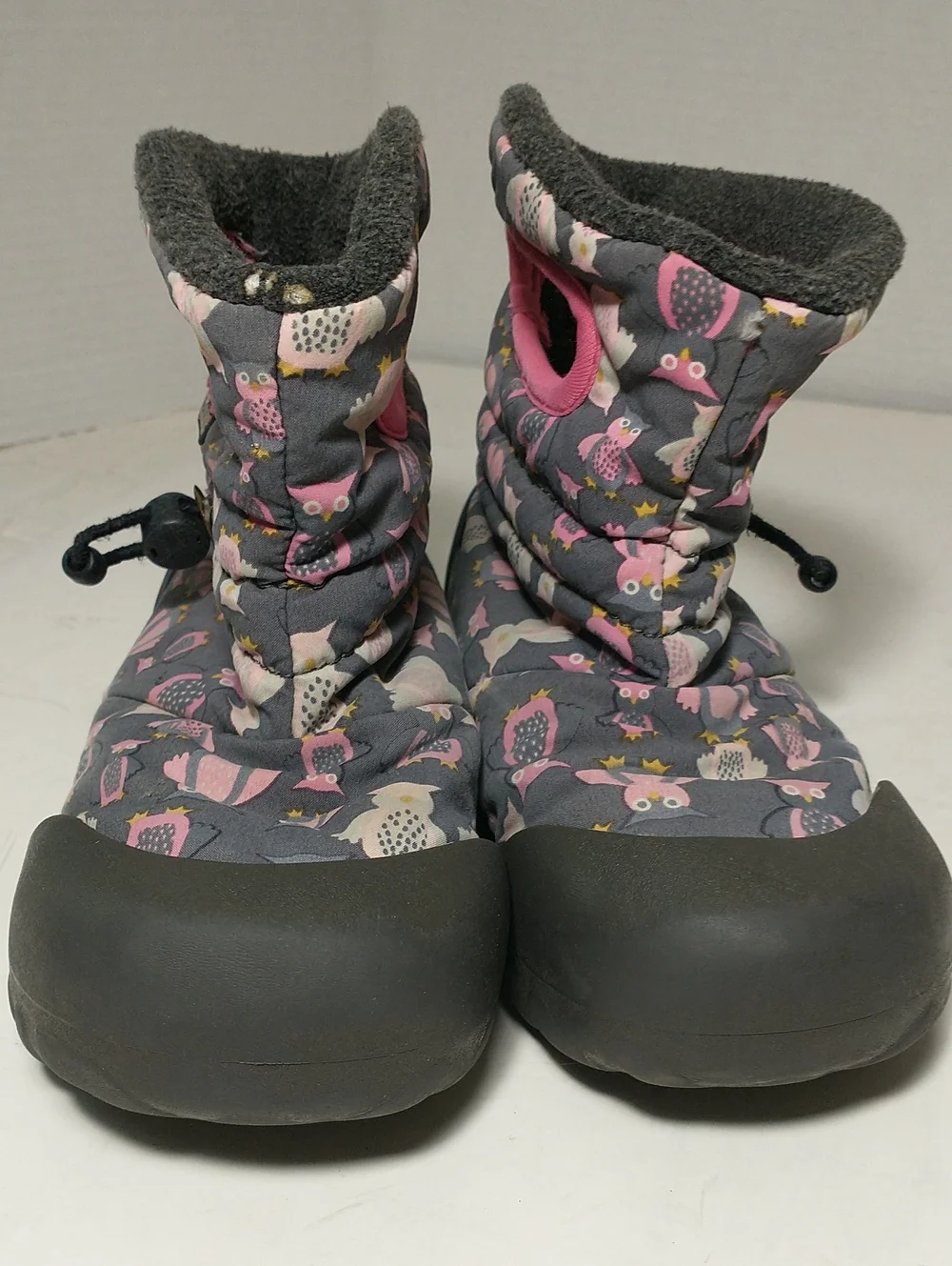 Bogs Winter Snow Boots, Owls, Pink / Gray, Size 13, Rated -4 F, Adjustable Cord